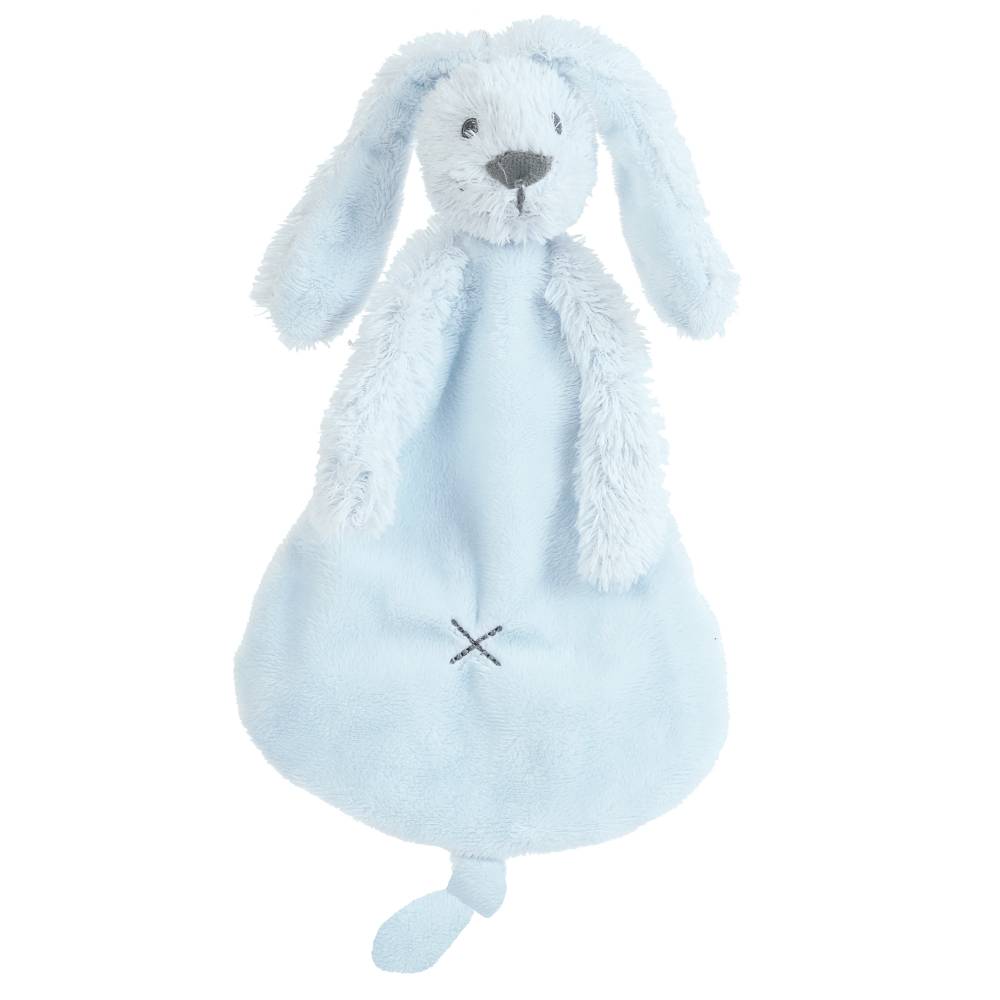 A light blue Happy Horse soft, cuddly Rabbit comforter on a white background. 