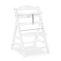 A white wooden high chair with a curved backrest, three tiered seating levels, a matching tray, and a grey safety harness strap, shown on a solid white background.