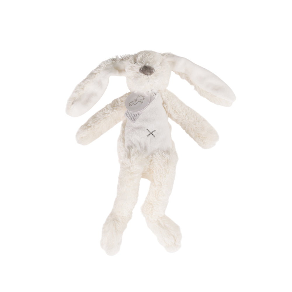 Plush toy rabbit with a  grey cross on a white background