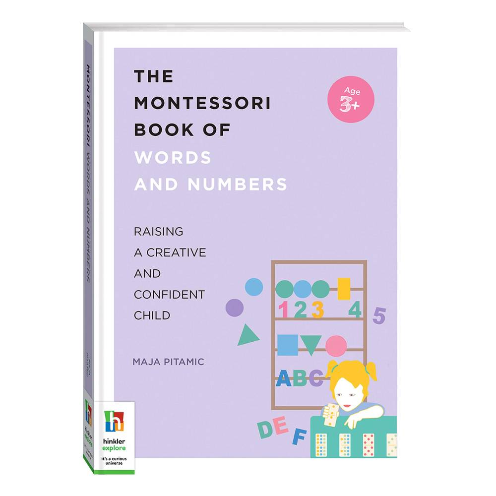 The Book Of Montessori words and numbers book against white background.