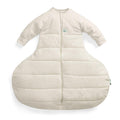 Beige hip friendly wide baby sleeping bag on a white background