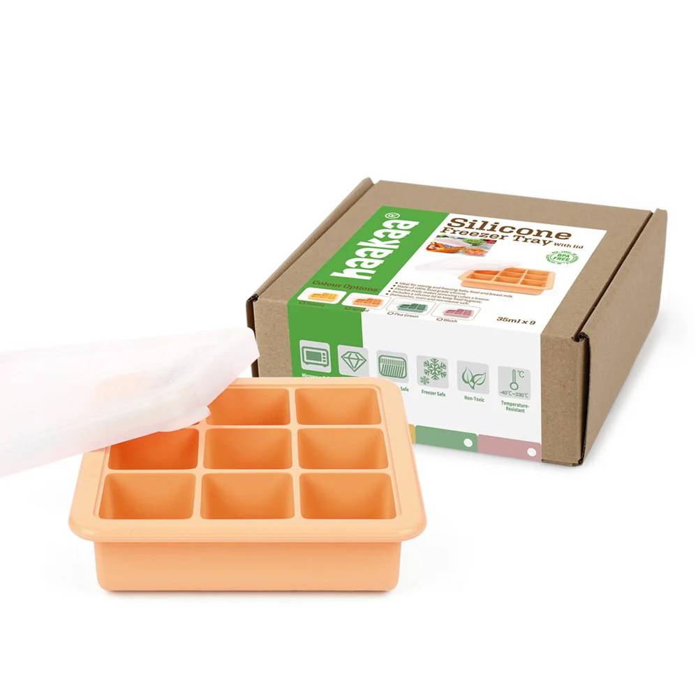 An orange silicone ice cube tray with nine compartments shown in front of its brown cardboard packaging box on a white background.