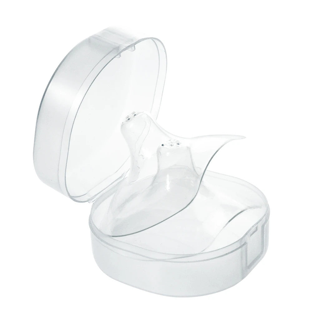 Clear plastic case with a small silicone nipple shields inside on a white background