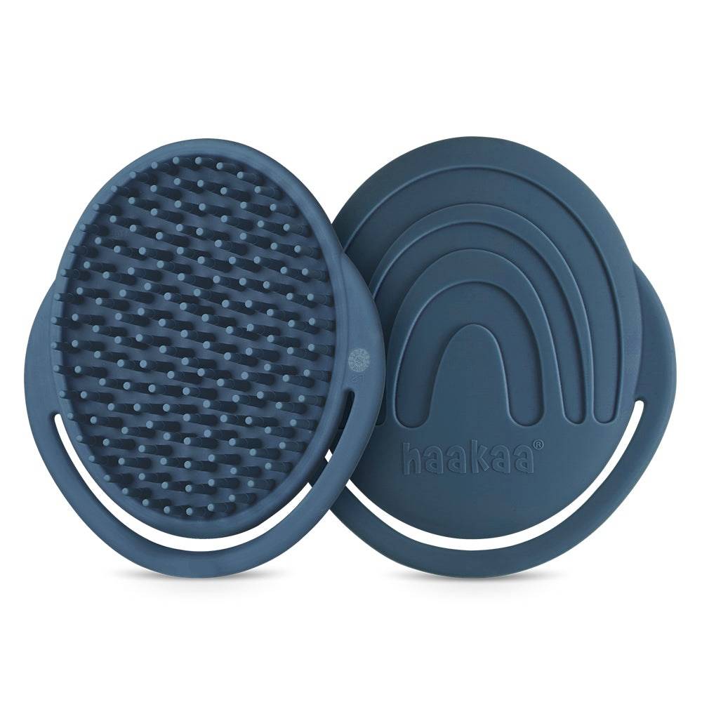 Dark blue silicone shampoo brush with soft silicone bristles 