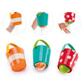 Hape blue, red and orange bath buckets against white background.