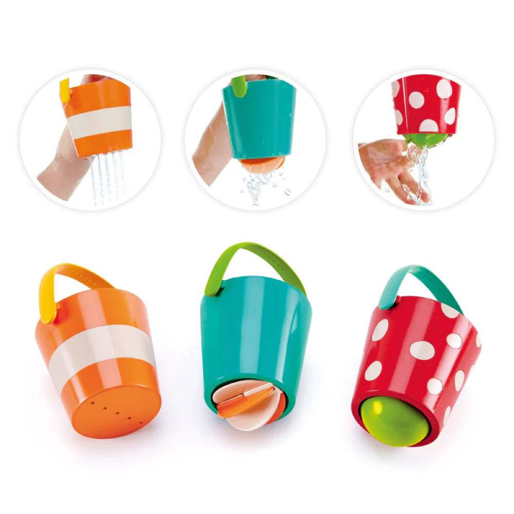 Hape blue, red and orange bath buckets against white background.