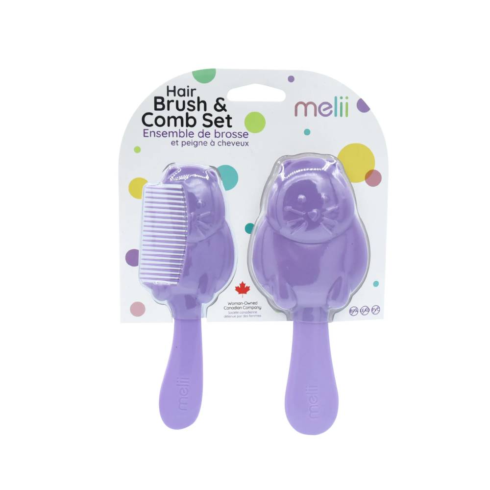 Hair brush and comb set in packaging with 'melii' branding on a white background