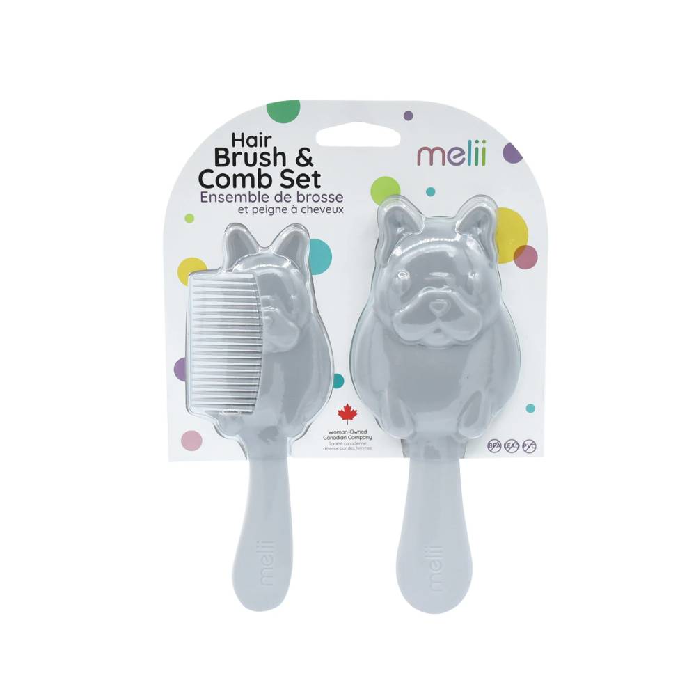 Melii  baby Hair brush and comb set with packaging labeled 'melié' on a white background