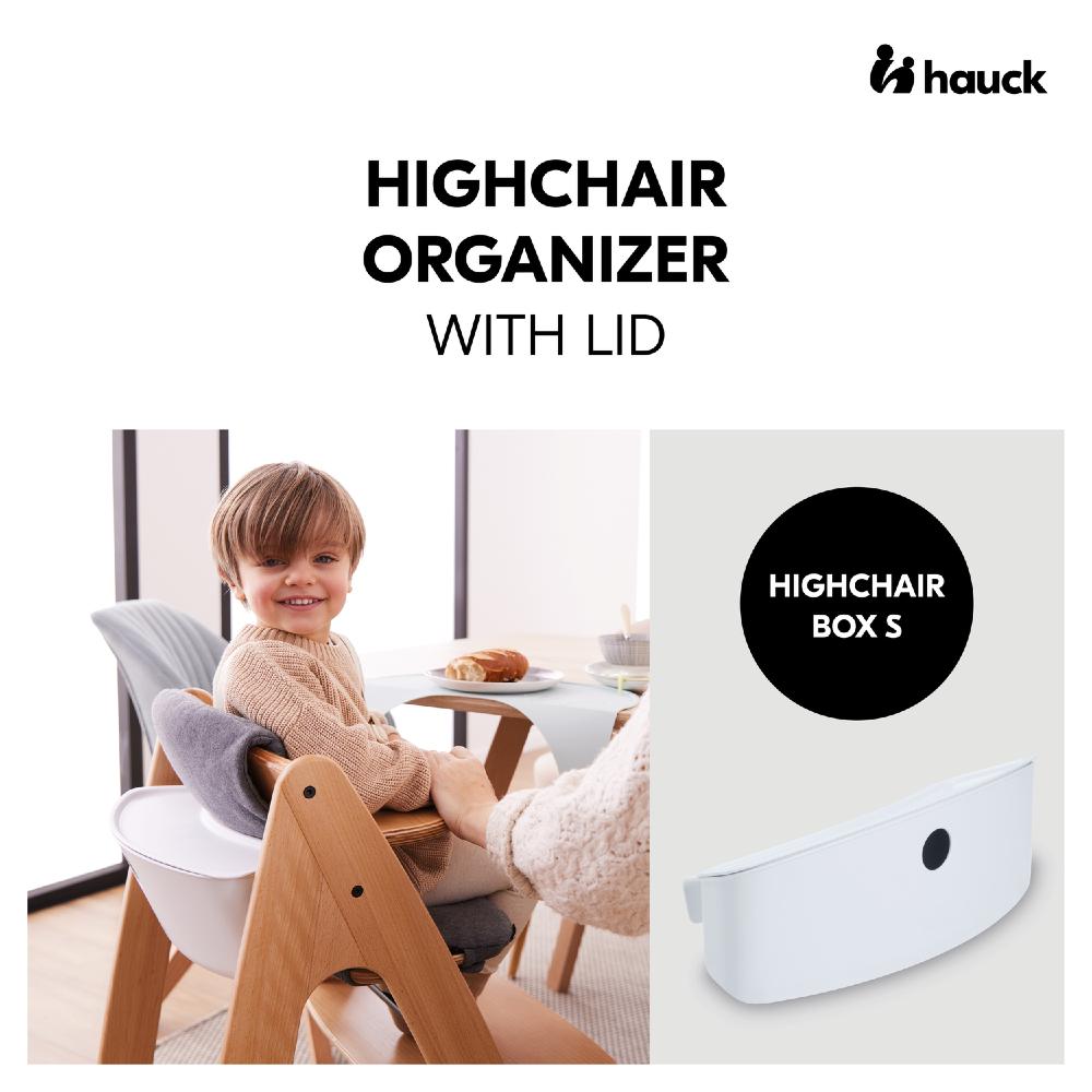 Highchair organizer with lid for children, featuring a child in a highchair and the product on a white background.