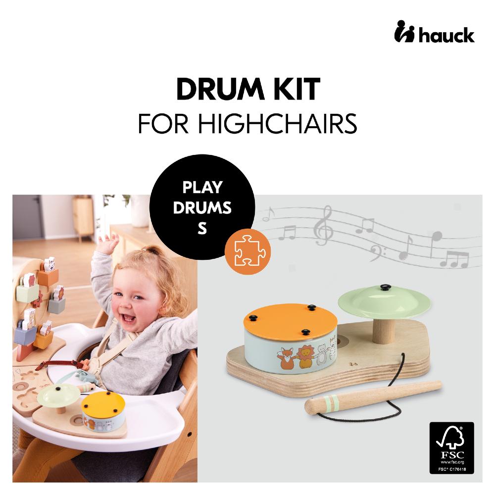 Drum kit for Hauck highchairs with child playing and product details on a white background