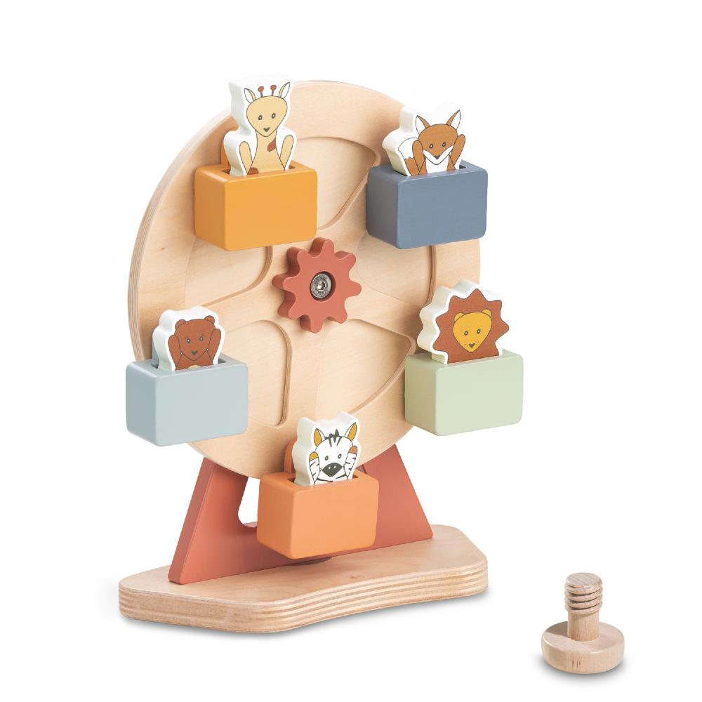 Wooden toy with animal figures and a Ferris wheel-like structure on a white background