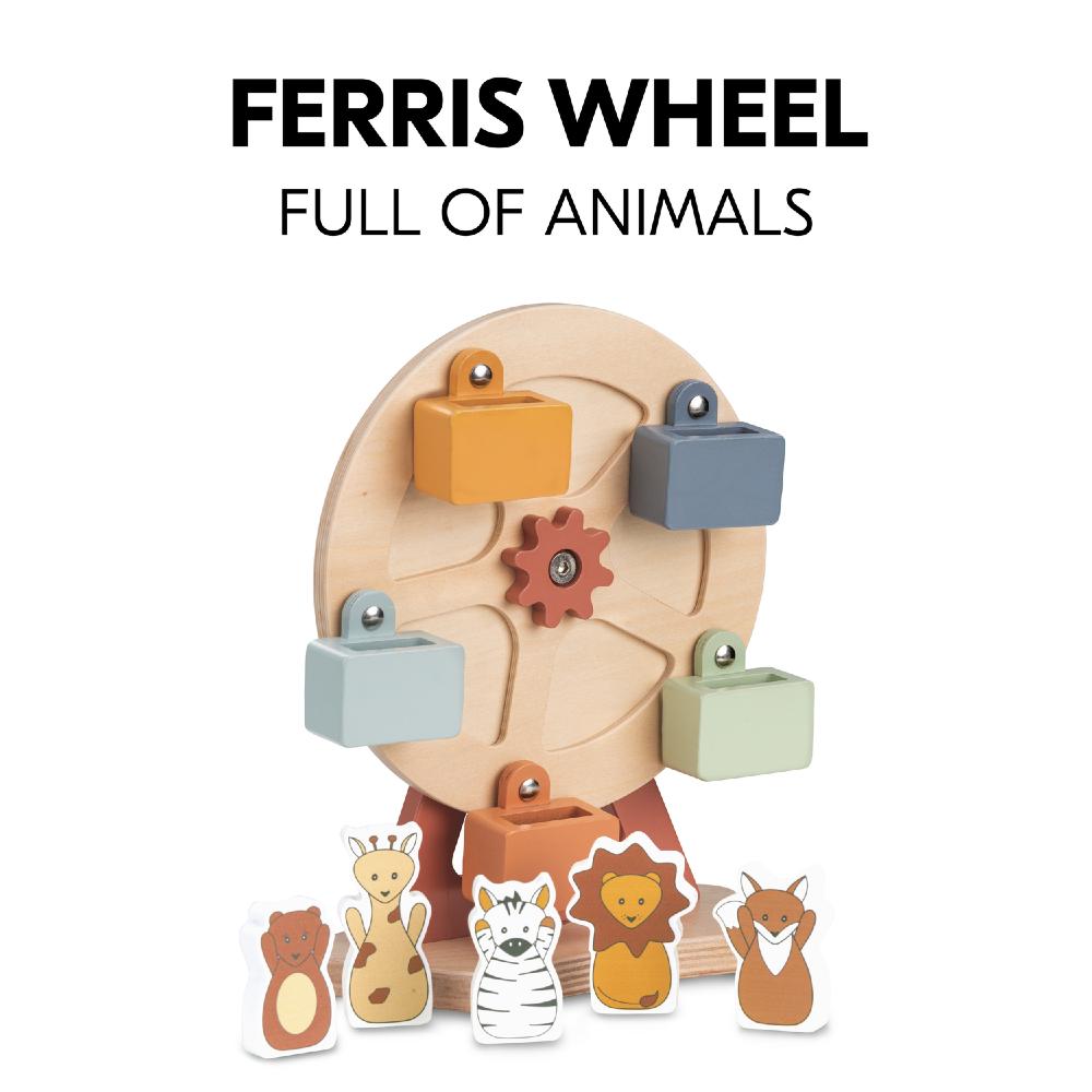 Wooden Ferris wheel toy with animal figures on a white background