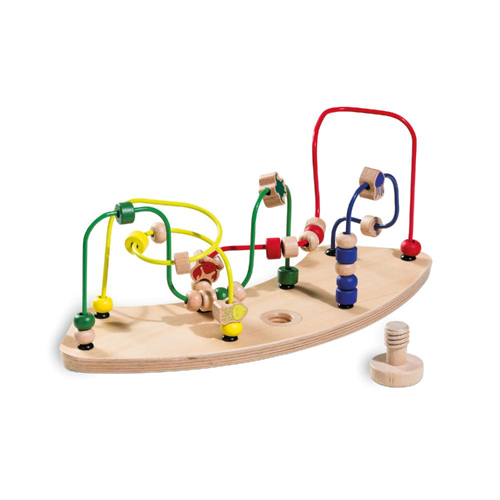 Wooden bead maze toy with colorful strings on a white background