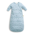 Light blue baby sleeping bag with long sleeves with subtle pattern on a white background