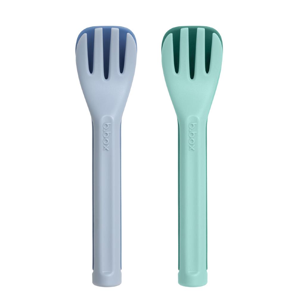 Two fork and spoon sets, one blue and one green, on a white background