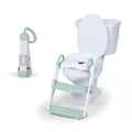 A white and sage colour foldaway ladder potty, shown folded and also shown on a standard toilet, on a white background. 