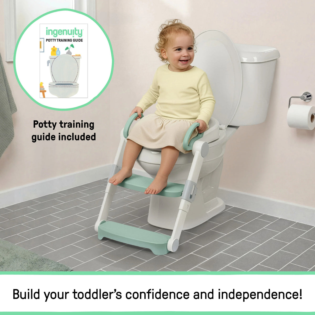 A young child sitting on a toilet topper, on the toilet. 