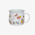 An enamel cup with kiwi characters on a white background. 