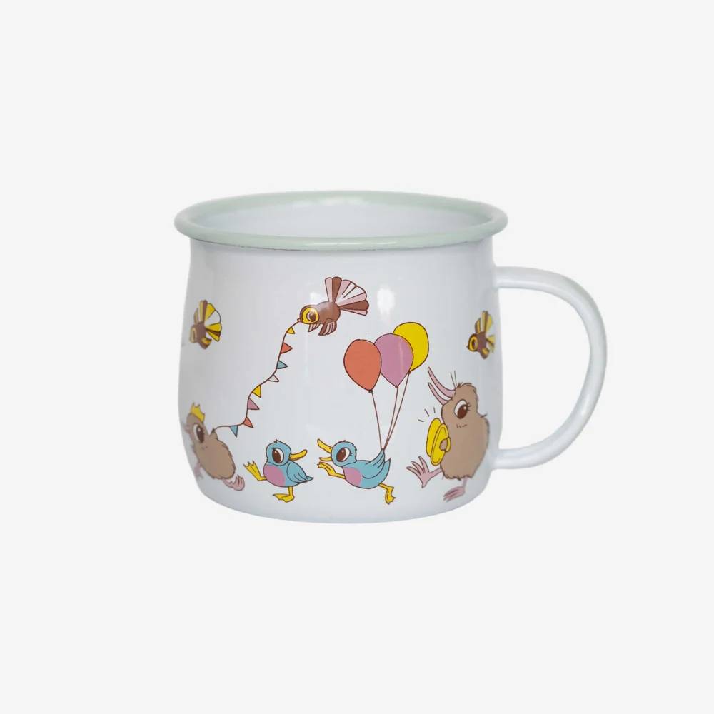An enamel cup with kiwi characters on a white background. 