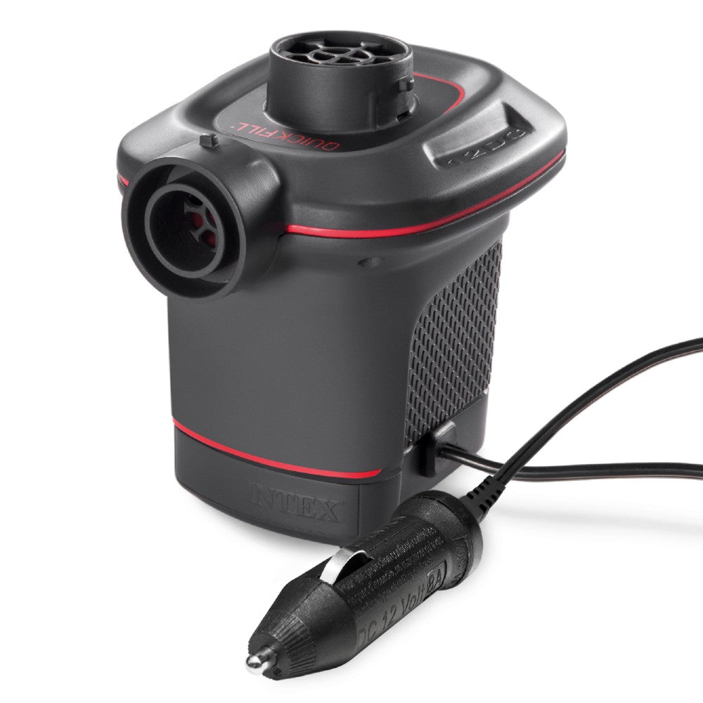 An Intex electric pump with a black body and red accent lines, featuring a car cigarette lighter power adapter and hose on a white background.