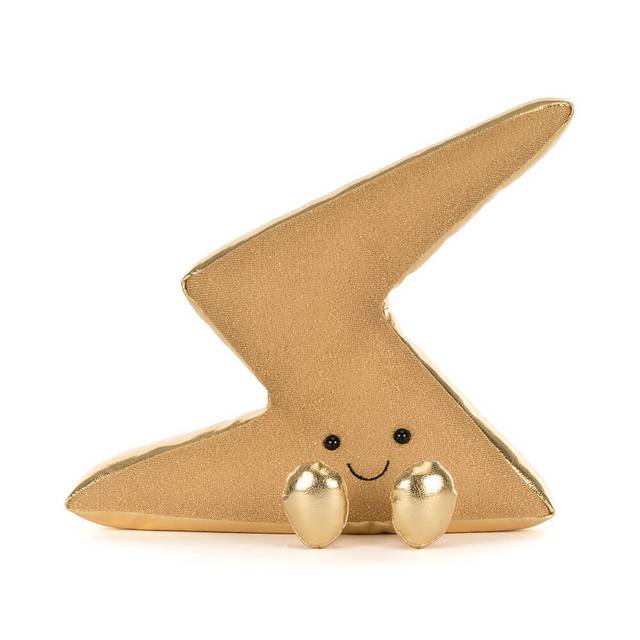 Jellycat gold lightning bolt soft toy against white background.