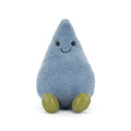 Blue Jellycat raindrop soft toy with green boots against white background.