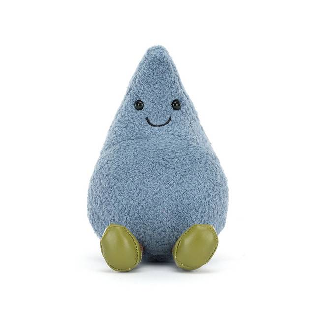 Blue Jellycat raindrop soft toy with green boots against white background.