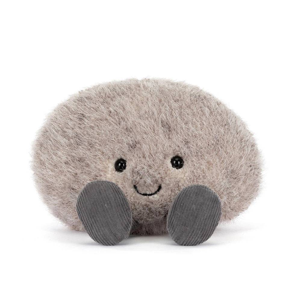 Grey Jellycat  pebble rock soft toy against white background.