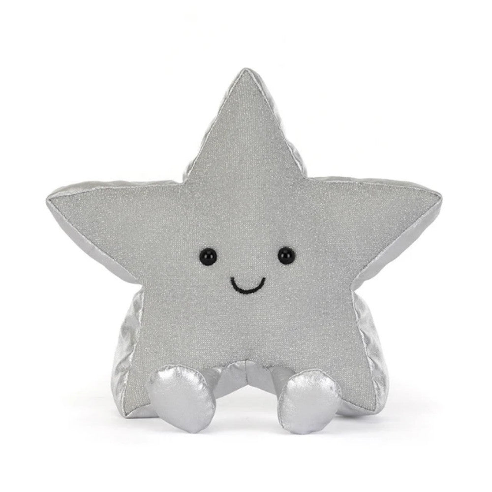 A silver star soft toy on a white background. 