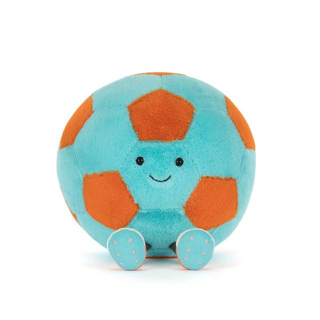 Blue and orange Jellycat soft toy football against white background.