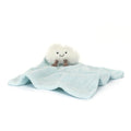 Jellycat white cloud soft to with blue blanket attached against white background.