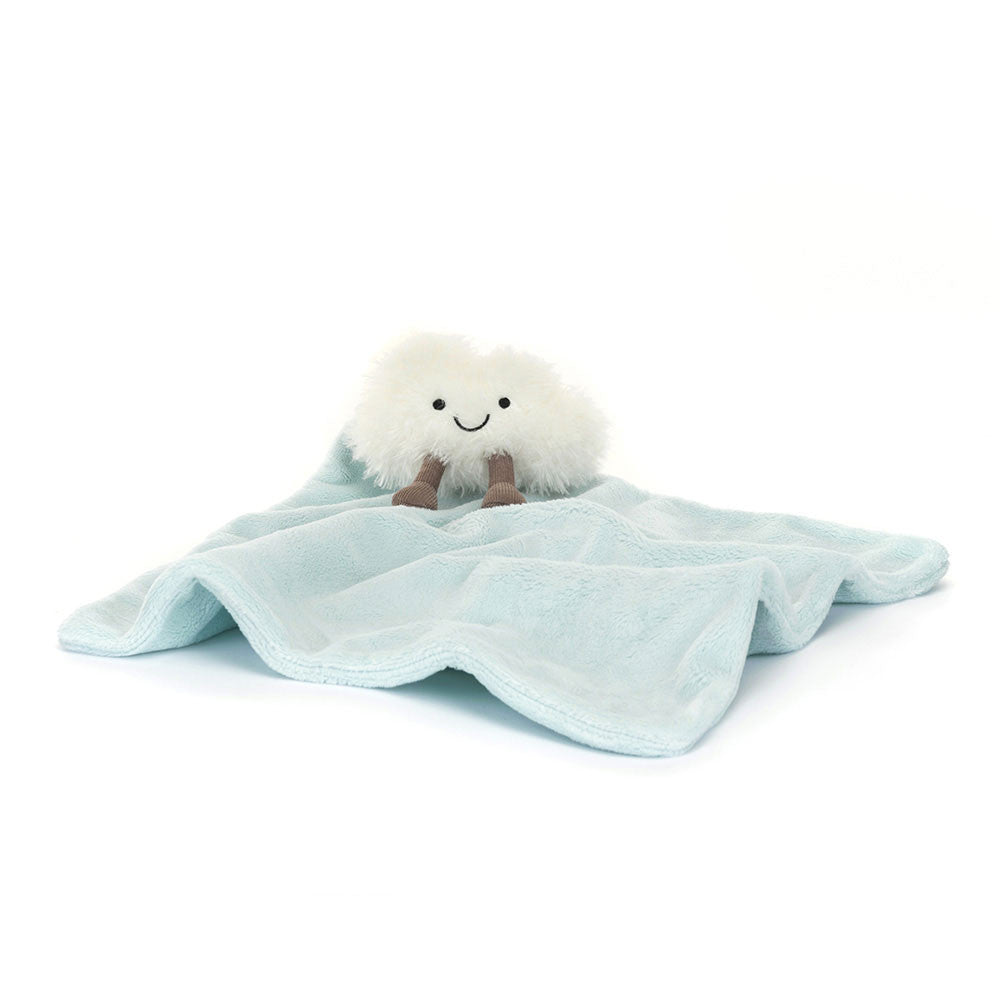 Jellycat white cloud soft to with blue blanket attached against white background.