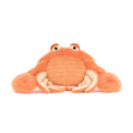 Orange Jellycat crab soft toy against white background.