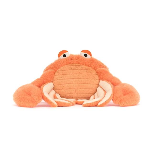 Orange Jellycat crab soft toy against white background.