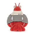 Red Jellycat lobster with white striped shirt against white background.