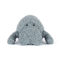 Grey manatee Jellycat soft toy against white background.