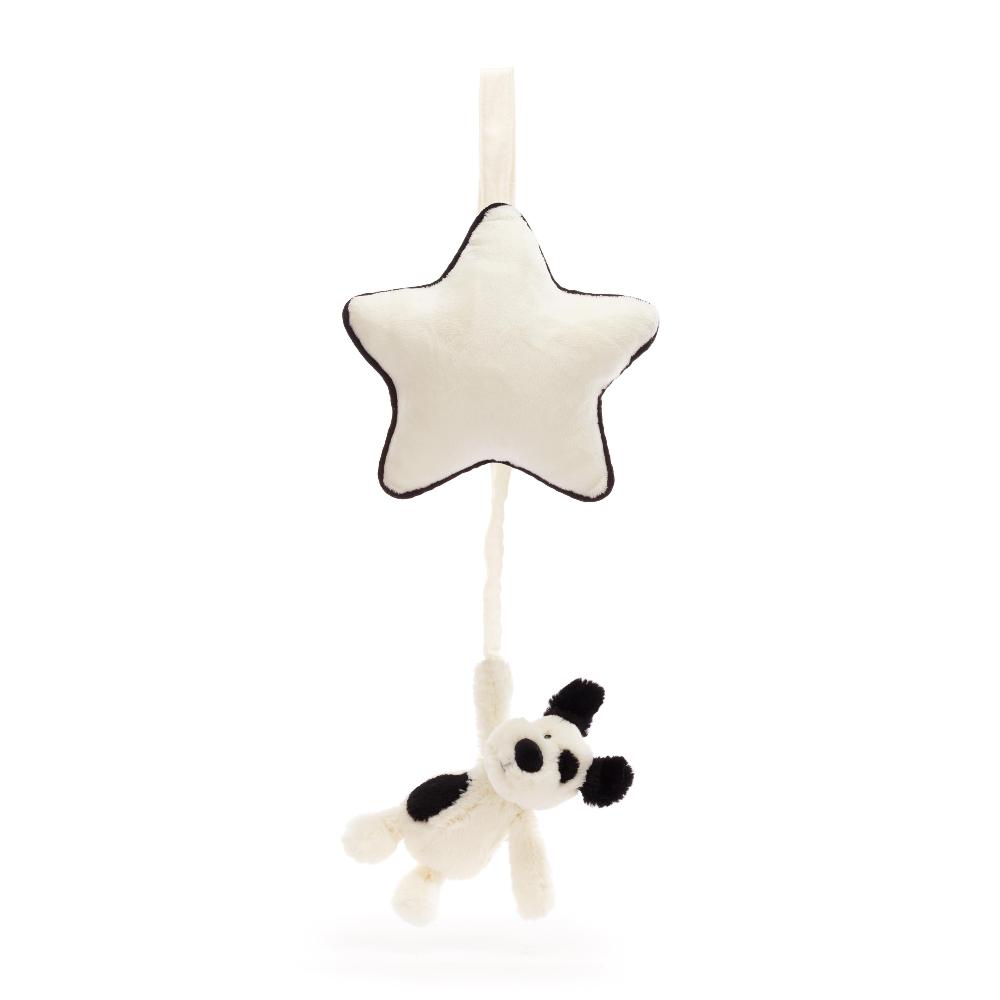 White star with black and cream puppy Jellycat musical pull.