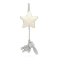 white star with grey bunny jellycat musical pull against white background.