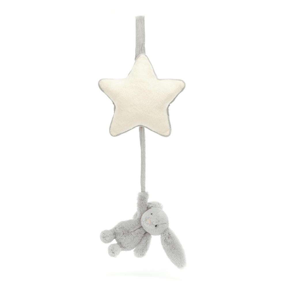 white star with grey bunny jellycat musical pull against white background.
