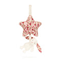 Jellycat star musical pull with pink strawberry print and small white bunny attached on white background.