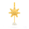Yellow sun Jellycat musical pull with small white cloud attached on white background.