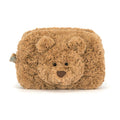 Jellycat soft brown bear pouch on white background.