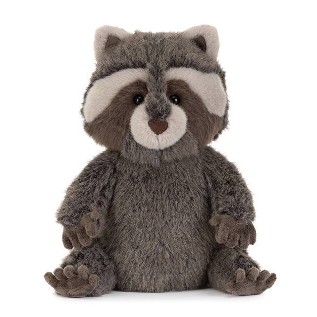 Jellycat Raccoon stuffed toy sitting on white background.