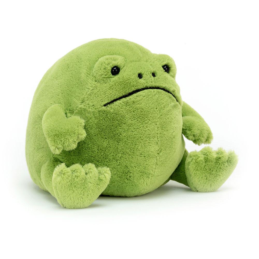 Jellycat green rain frog soft ty against white background.