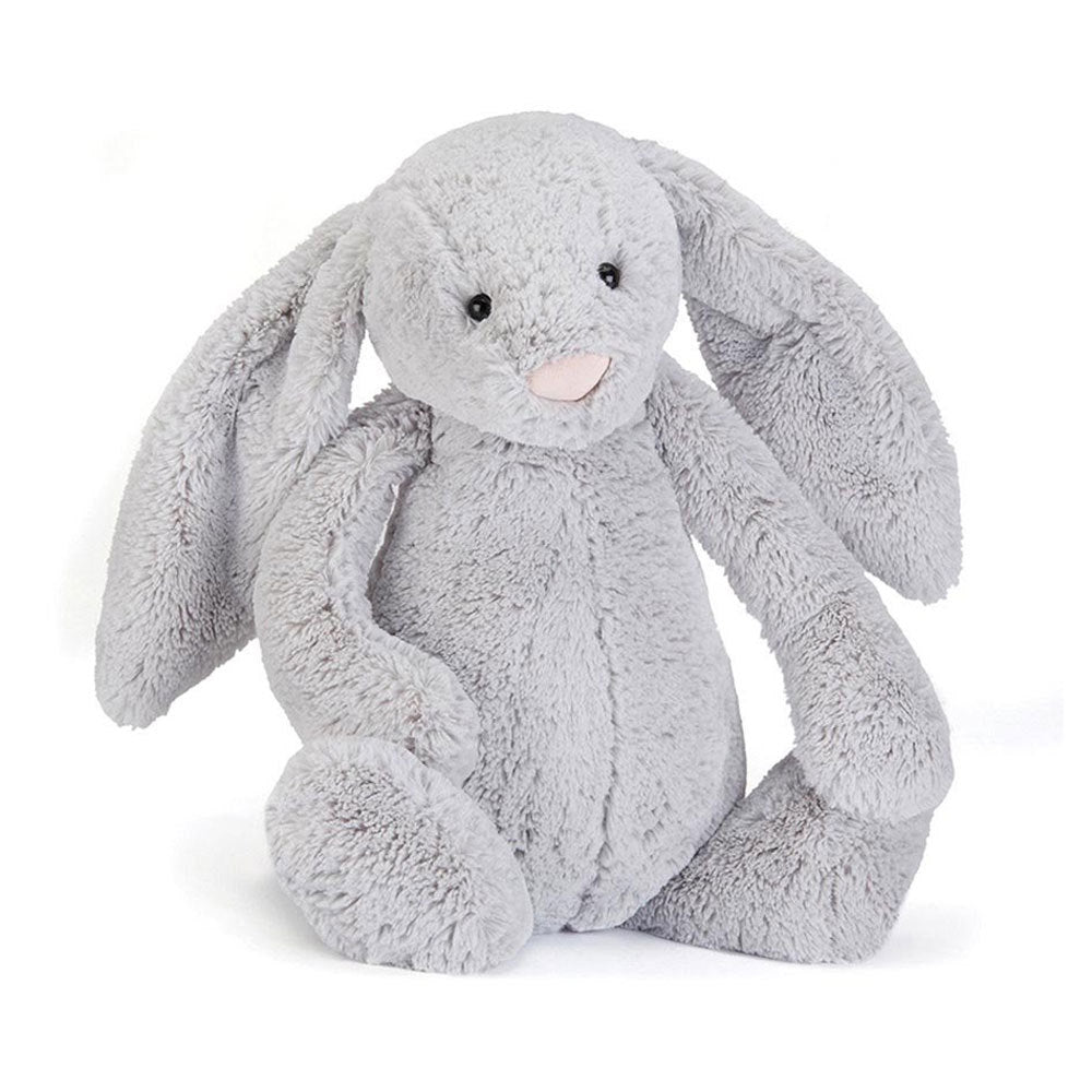 Grey Jellycat bunny soft toy against white background.