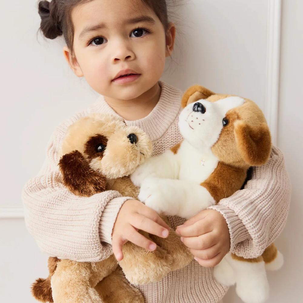 Child holding Jamie Kay dog soft toys.