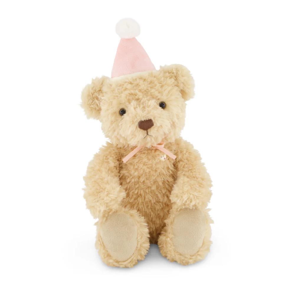 Jamie Kay brown bear soft toy with pink hat against white background.
