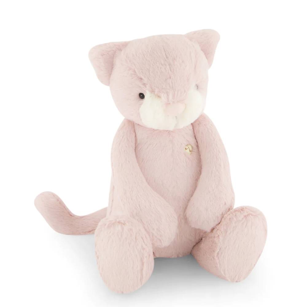 Pink Jamie Kay cat soft toy against white background.