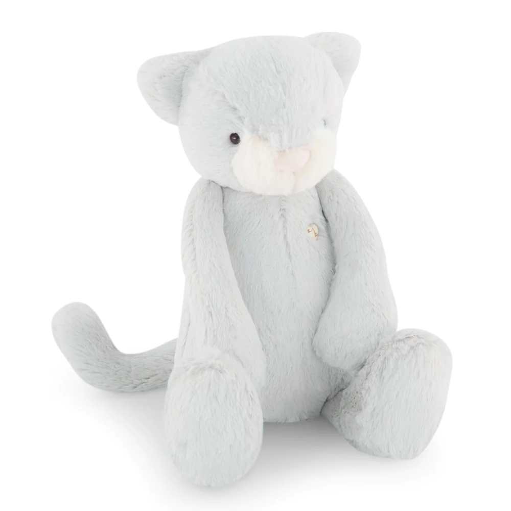 Light blue Jamie Kay cat soft toy against white background.