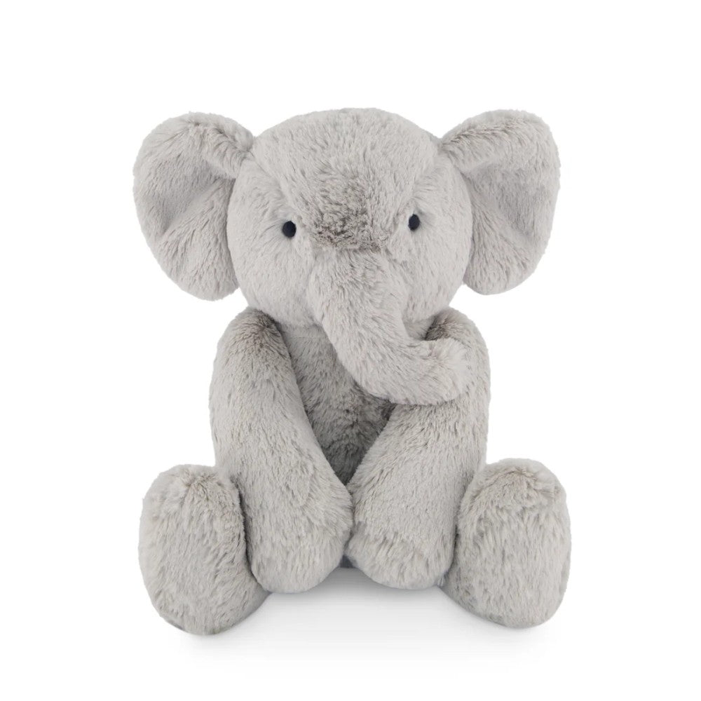 Grey Jamie Kay elephant soft toy against white background.